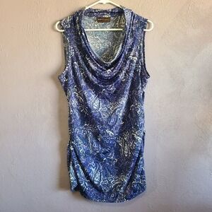 Dana Buchman Paisley Cowl Neck Top Women's L Purple Blue Sleeveless Ruched Side